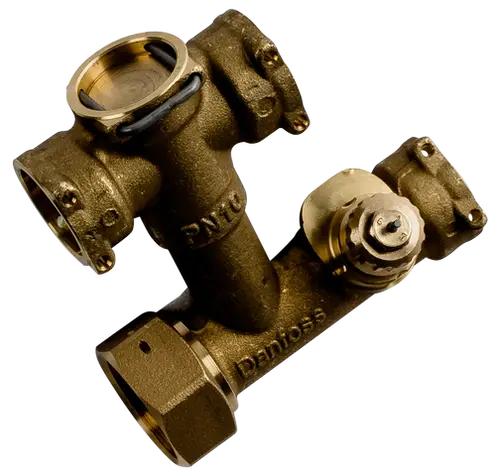 Bronzernes Ventil in H-Block-Form mit Rückschlagventil, beschriftet mit "Danfoss", speziell für Anwendungen, die möglicherweise mit Wolf Produkten kompatibel sind.